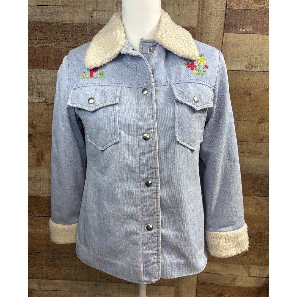 Flair Lord & Taylor Denim Jacket Teens XS Blue Embroidered Sherpa Vintage 70s